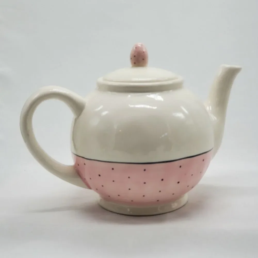 Rae‎ Dunn by Magenta POUR Teapot Polka Dot Pink Typewriter Font